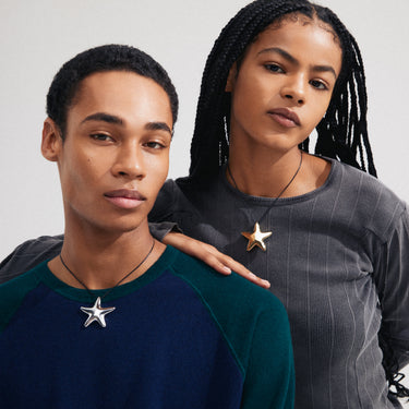 Collar lazo de cuero, dije sólido grande estrella de mar, baño de plata esterlina — FORCE